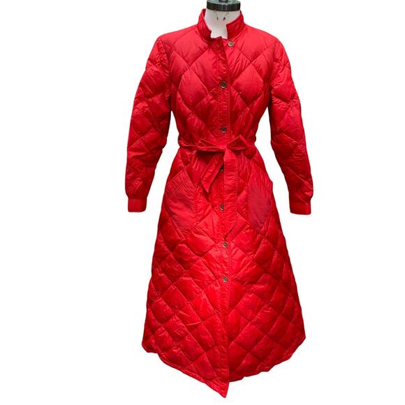 Vintage 70s Eddie Bauer Red Down Puffer Maxi Coat M Quilted Pockets - Picture 1 of 16
